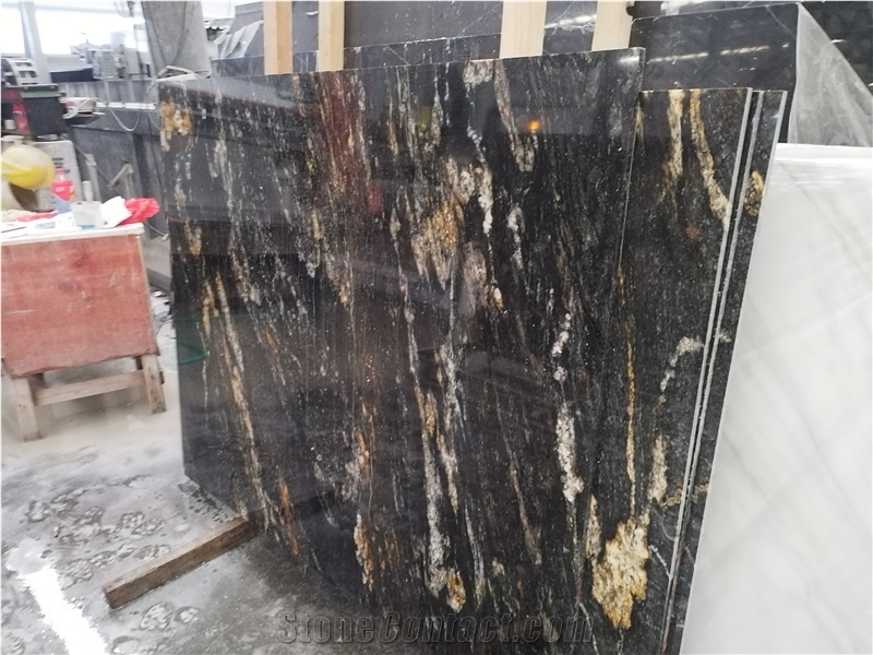 Polished Cosmic Gold Black Granite Slabs