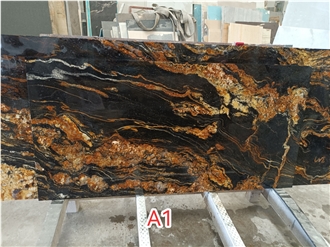 Polished Cosmic Gold Black Granite Slabs