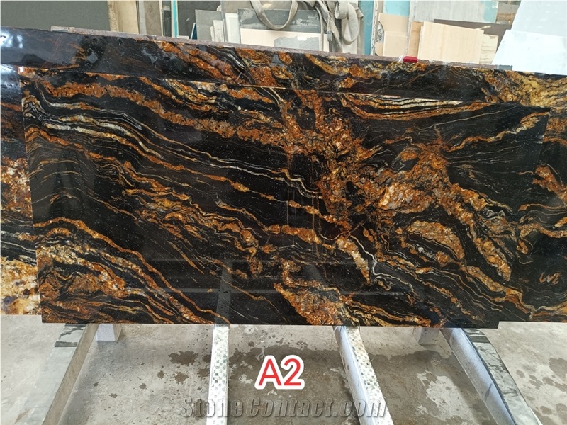 Polished Cosmic Gold Black Granite Slabs