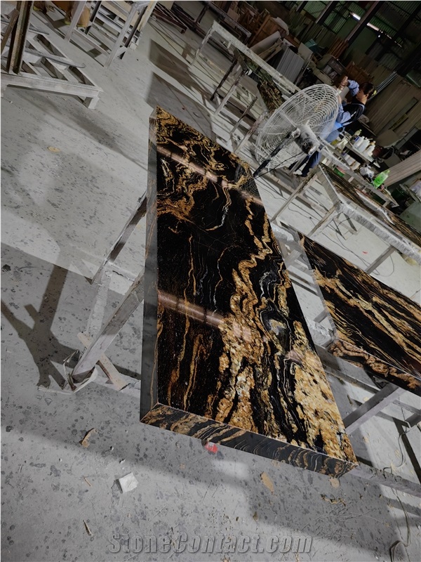 Polished Cosmic Gold Black Granite Slabs