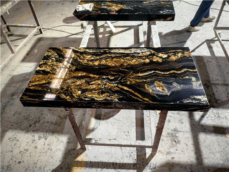 Polished Cosmic Gold Black Granite Slabs