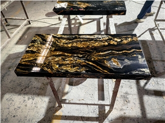 Polished Cosmic Gold Black Granite Slabs