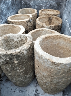 Beige Limestone Carved Pots, Exterior Planters