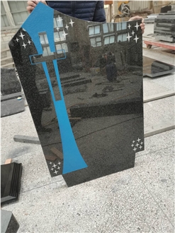 Black Granite Cross Headstone With Star Carving