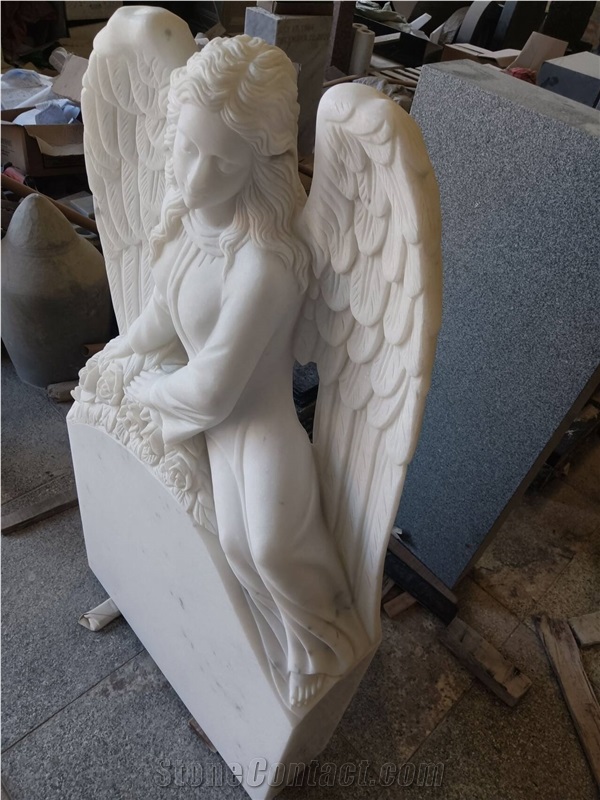 China Hunan White Marble Angel With Wings Headstone