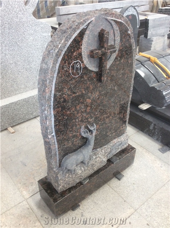 Deer Sculptured Tan Brown Granite Headstone