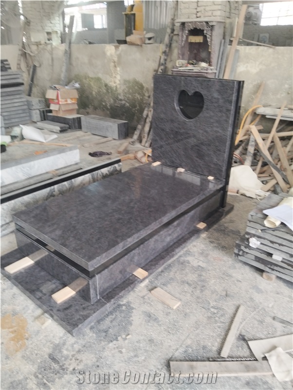 Bahama Blue Granite Heart Carved Polish Style Tombstone