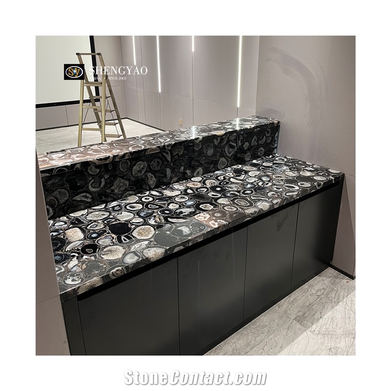 Black Backlit Agate Translucent Semiprecious Stone Kitchen Countertop