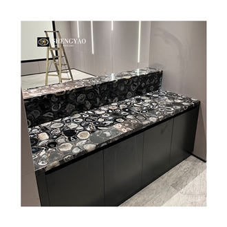 Black Backlit Agate Translucent Semiprecious Stone Kitchen Countertop