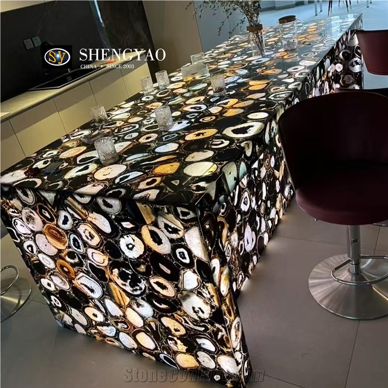 Black Backlit Agate Translucent Semiprecious Stone Kitchen Countertop