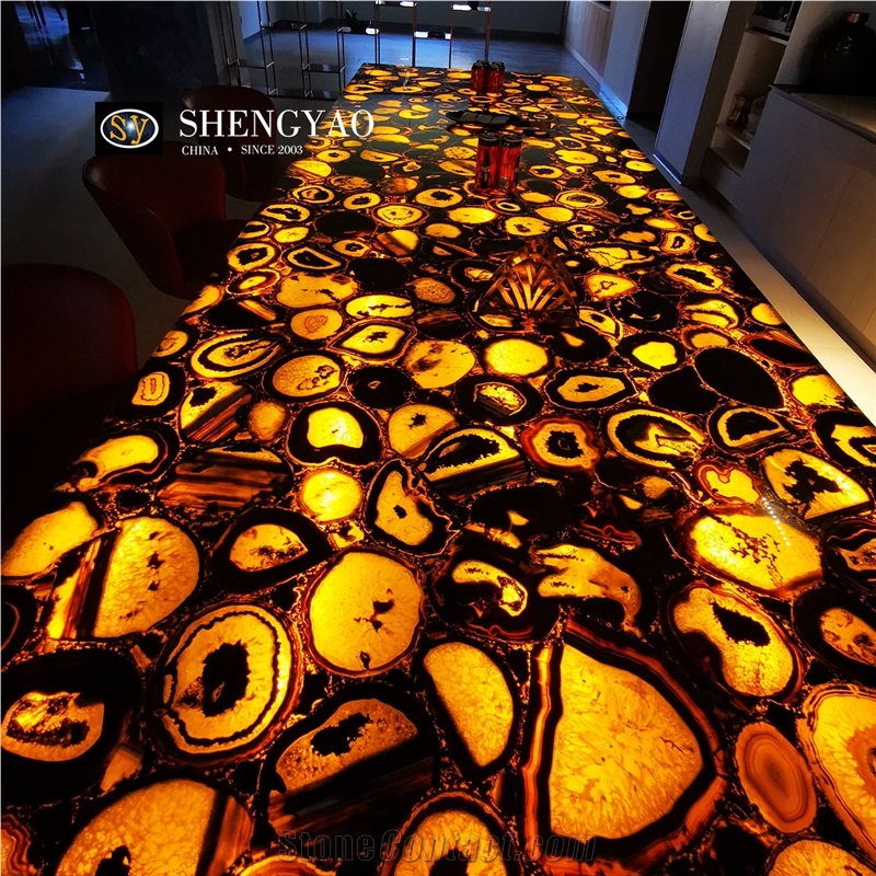 Black Backlit Agate Translucent Semiprecious Stone Kitchen Countertop