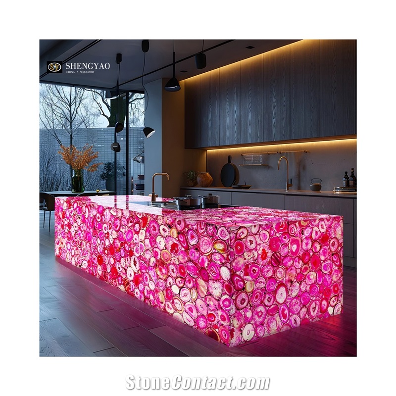 Custom Pink Agate Translucent Semiprecious Stone Island Kitchen Bar Tops