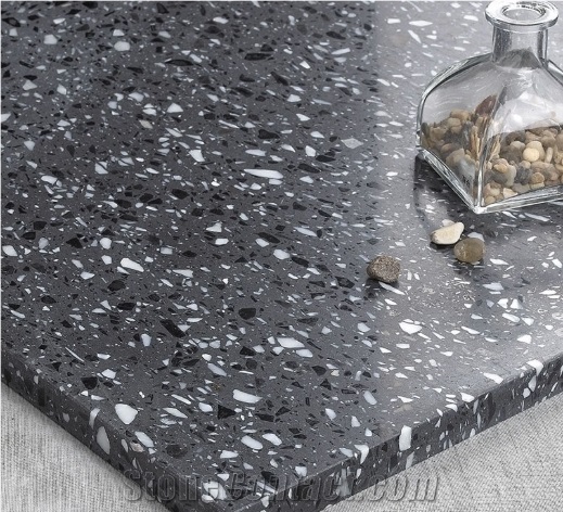 China Artificial Lauren Black Gold Quartz Slabs