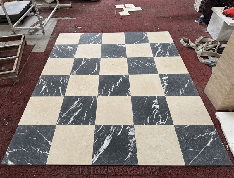 Black Marquina Marble Tumbled Checkered Pattern Floor Tiles
