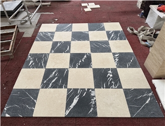 Black Marquina Marble Tumbled Checkered Pattern Floor Tiles