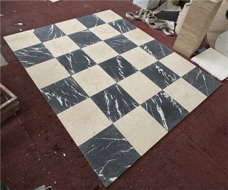 Black Marquina Marble Tumbled Checkered Pattern Floor Tiles