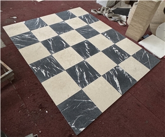 Black Marquina Marble Tumbled Checkered Pattern Floor Tiles