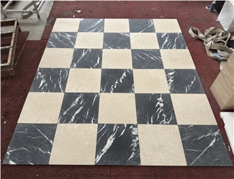 Black Marquina Marble Tumbled Checkered Pattern Floor Tiles