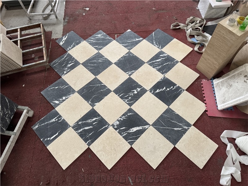 Black Marquina Marble Tumbled Checkered Pattern Floor Tiles
