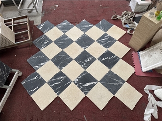 Black Marquina Marble Tumbled Checkered Pattern Floor Tiles