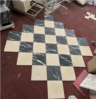 Black Marquina Marble Tumbled Checkered Pattern Floor Tiles