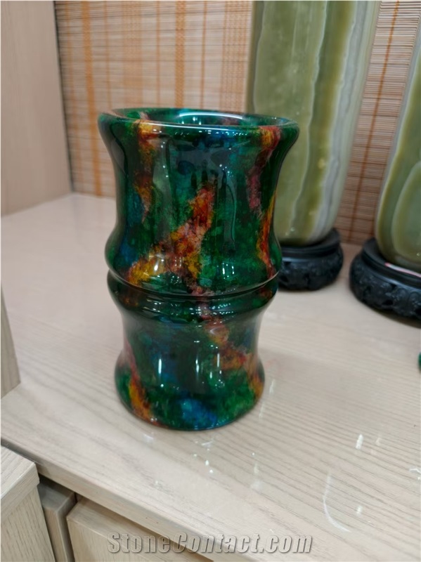 Taiwan Picasso Green Jade - Seven Color Jade Interior Vase Brush Pot