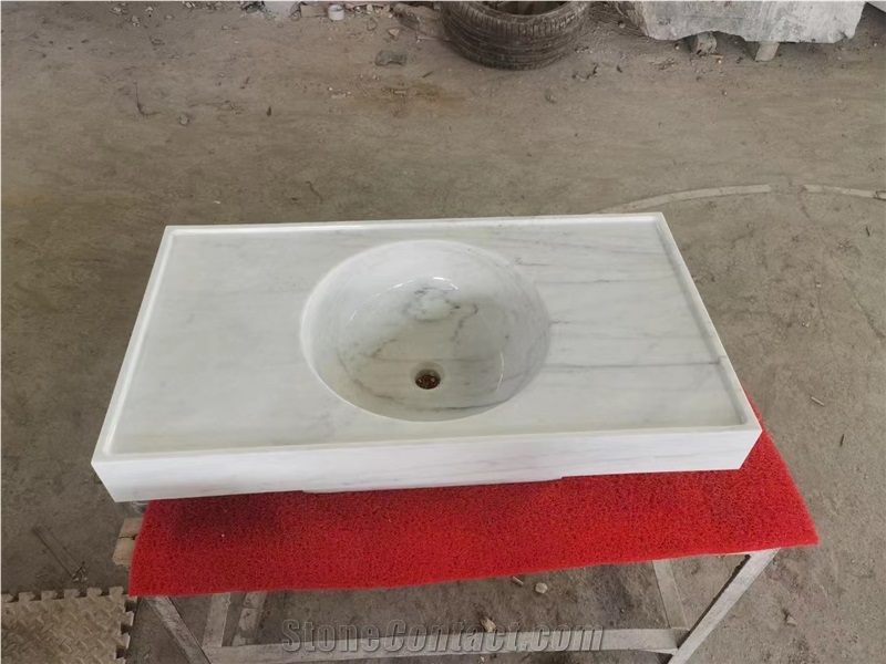 Carved Solid Bianco Carrara Marble Counter Wash Basin For Bathroom