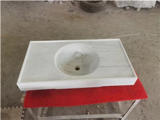Carved Solid Bianco Carrara Marble Counter Wash Basin For Bathroom