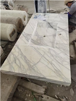 Carved Solid Bianco Carrara Marble Counter Wash Basin For Bathroom