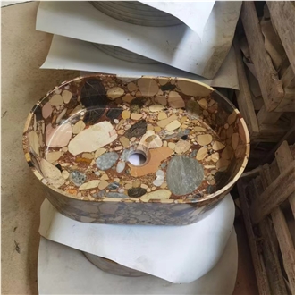 Oval Design Marble Pebble Gold Stone Wash Basin For Bathroom