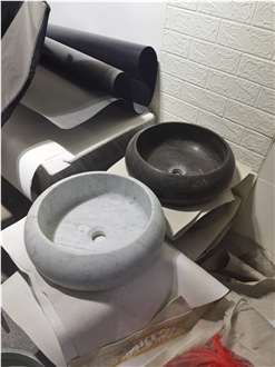 Solid Bianco Carrara Marble Round Wash Basin For Bathrooms