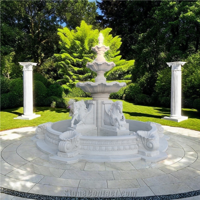 4 Horses White Marble Carving Water Fountain