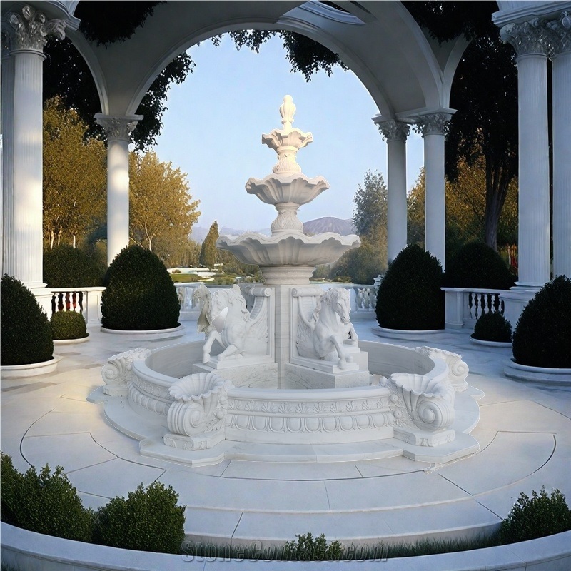 4 Horses White Marble Carving Water Fountain