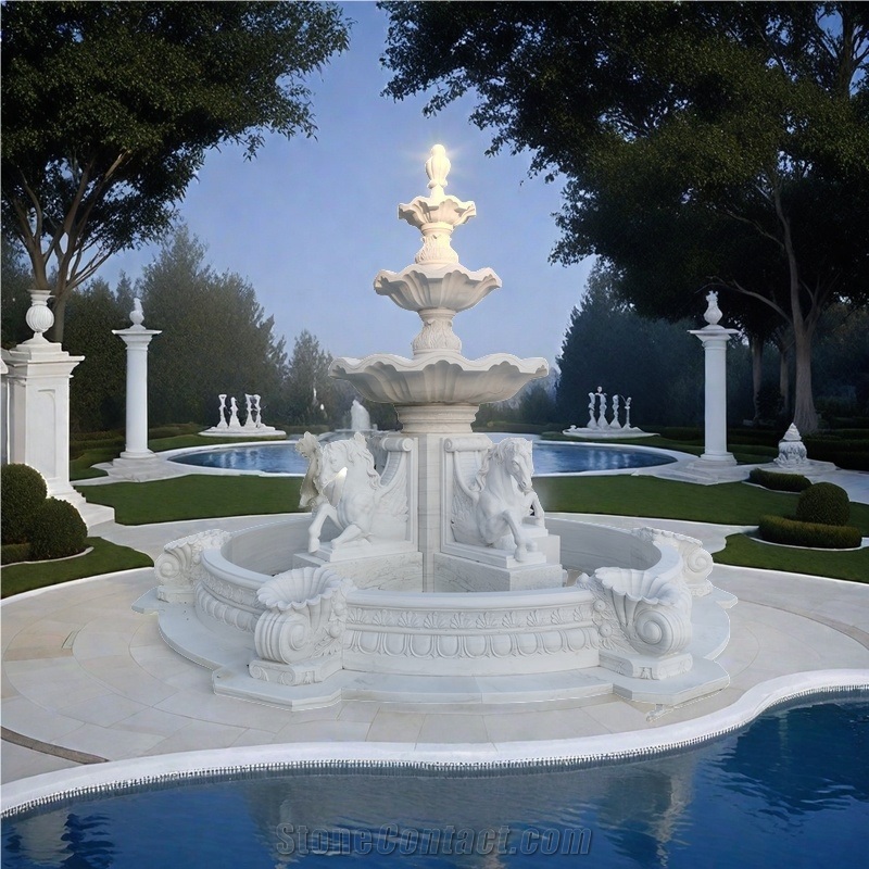 4 Horses White Marble Carving Water Fountain