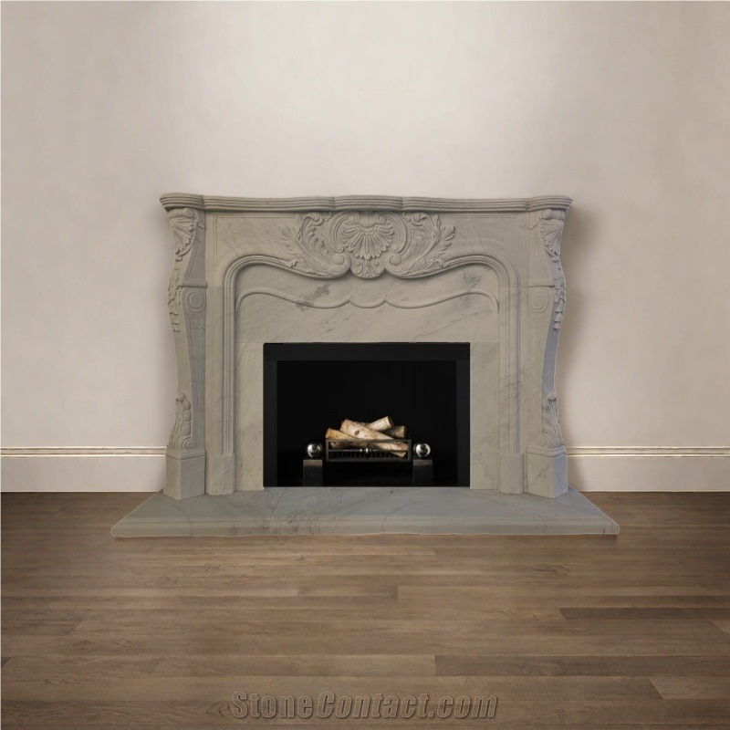 Classic White Marble Indoor Fireplace Custom Made