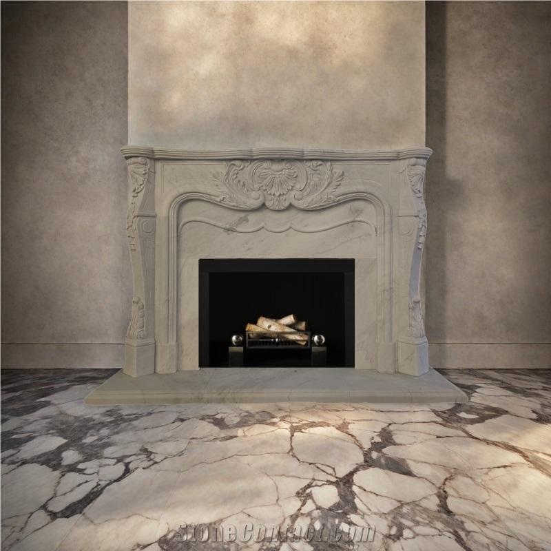 Classic White Marble Indoor Fireplace Custom Made