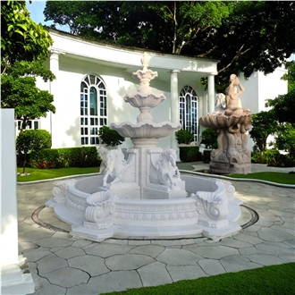 Custom Made White Marble 4 Pegasus Carving  Water Fountain