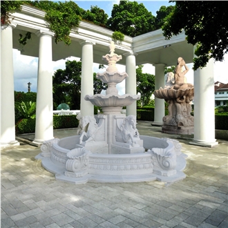 Custom Made White Marble 4 Pegasus Carving  Water Fountain
