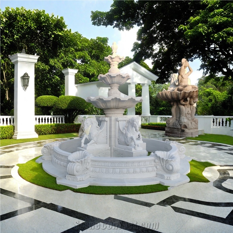 Custom Made White Marble 4 Pegasus Carving  Water Fountain