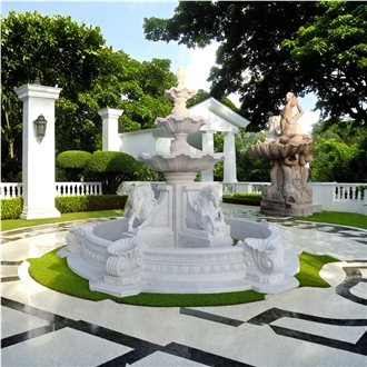 Custom Made White Marble 4 Pegasus Carving  Water Fountain
