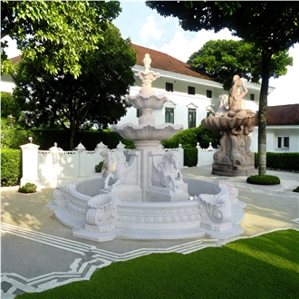 Custom Made White Marble 4 Pegasus Carving  Water Fountain