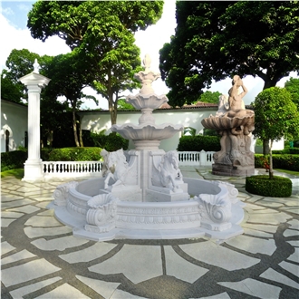 Custom Made White Marble 4 Pegasus Carving  Water Fountain