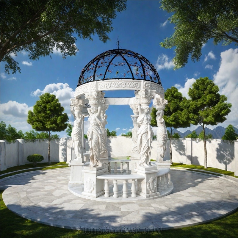 Fairy Carved Pillars White Marble  Steel Custom Dome Gazebo