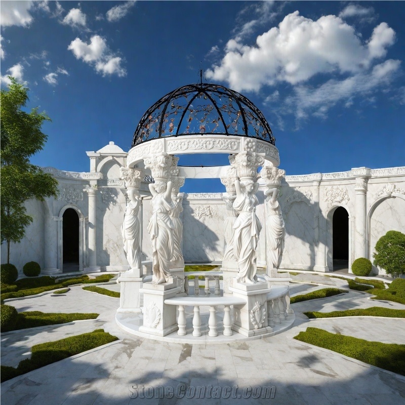 Fairy Carved Pillars White Marble  Steel Custom Dome Gazebo