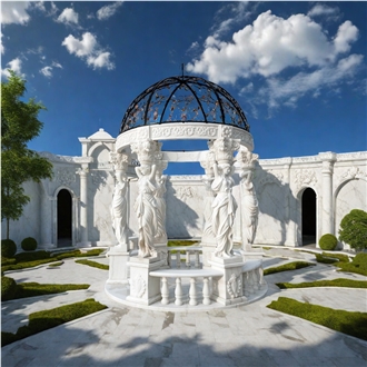 Fairy Carved Pillars White Marble  Steel Custom Dome Gazebo