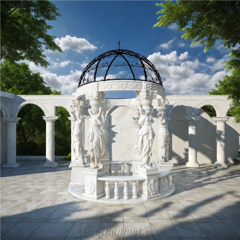 Fairy Carved Pillars White Marble  Steel Custom Dome Gazebo