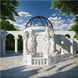 Fairy Carved Pillars White Marble  Steel Custom Dome Gazebo