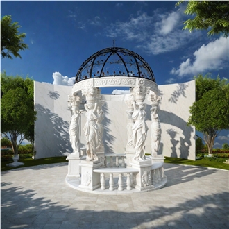 Fairy Carved Pillars White Marble  Steel Custom Dome Gazebo