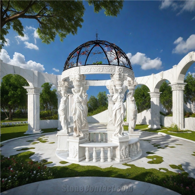 Fairy Carved Pillars White Marble  Steel Custom Dome Gazebo