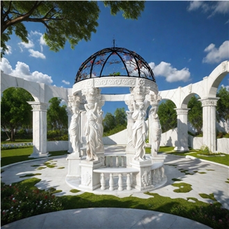 Fairy Carved Pillars White Marble  Steel Custom Dome Gazebo